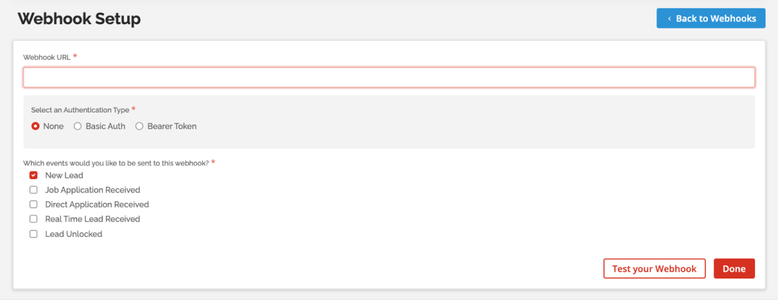 Webhook setup screenshot